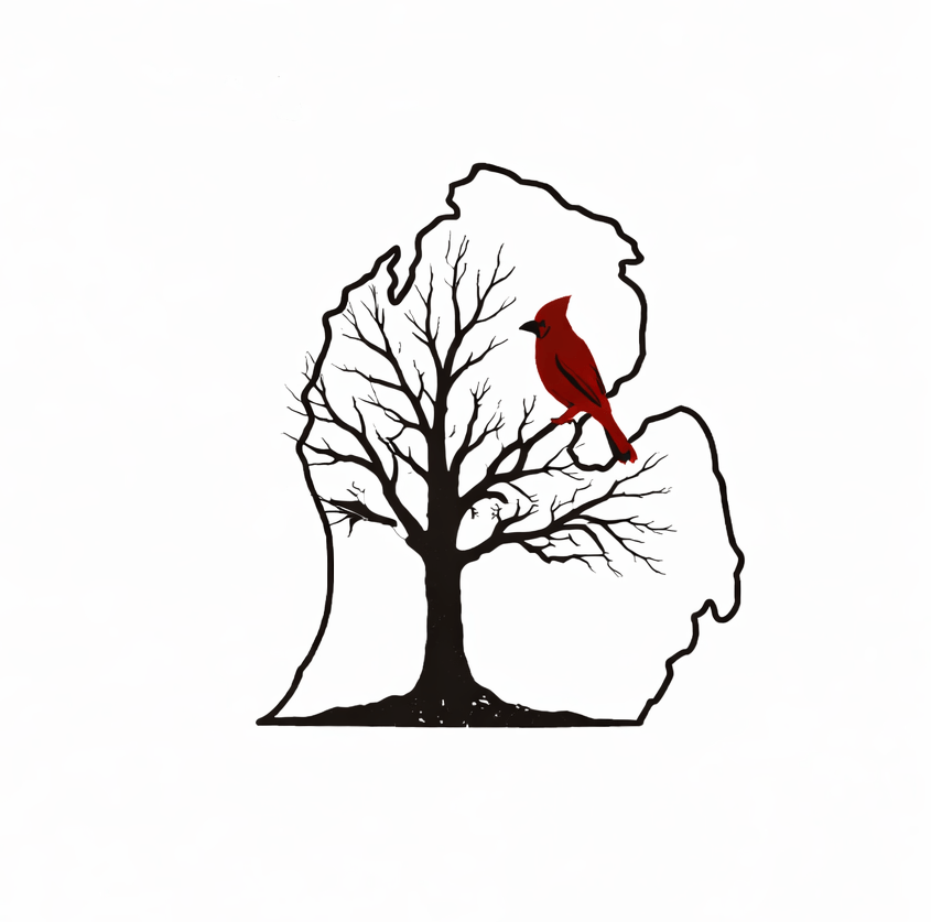 Logo for Mitten Carving and Designs. Image includes an outline of Michigan's lower penninsula, featuring a tree growing throughout with a red Cardinal perched on a branch.