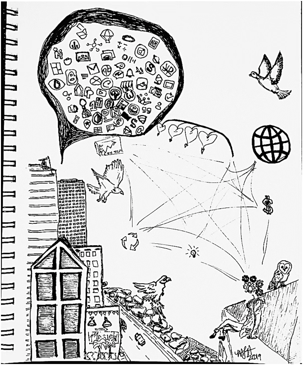 Black-and-white hand-drawn self-portrait filled with symbols, birds, buildings, and connecting lines, representing the artist’s internal perceptions and external relationships.