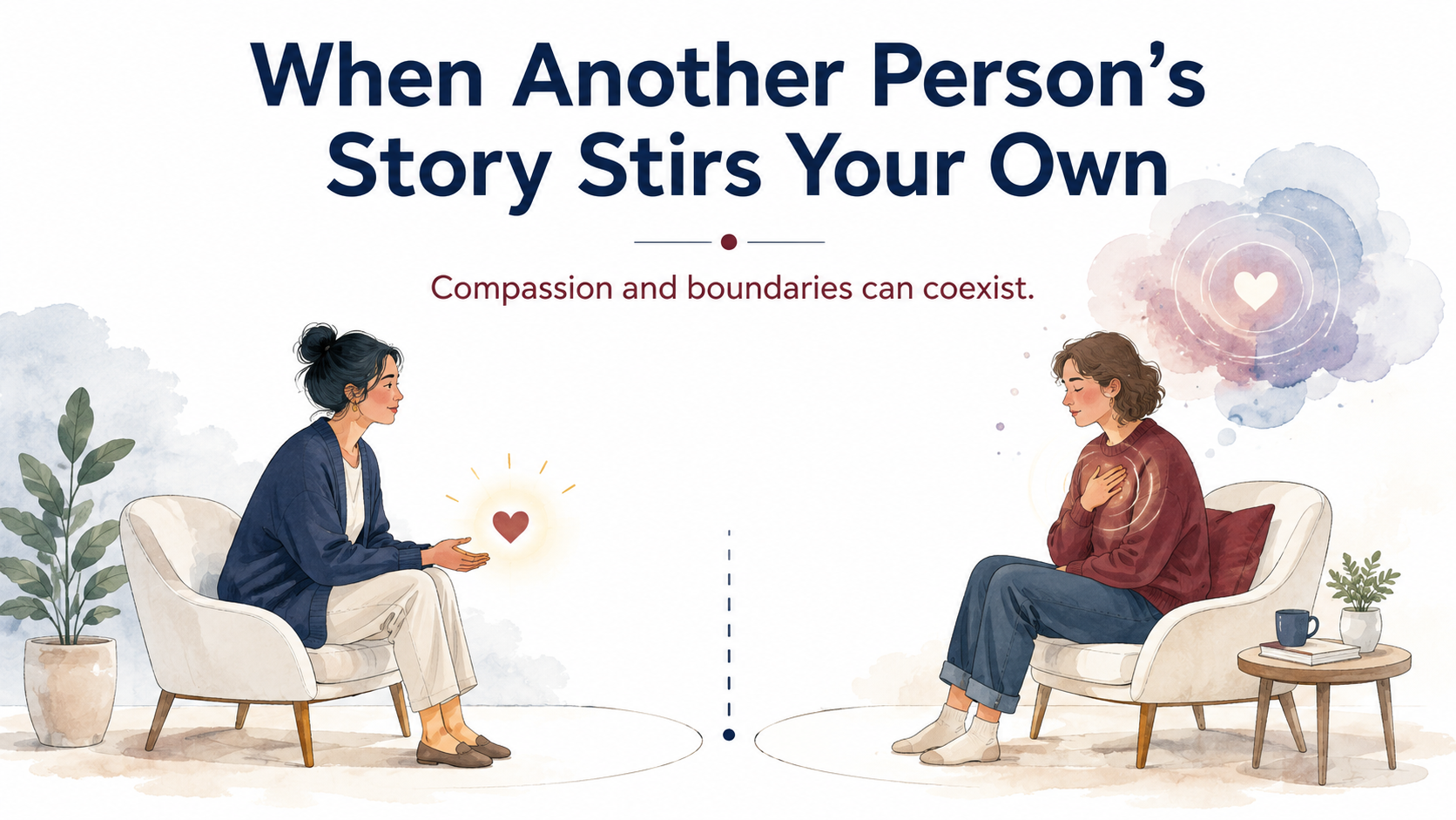 Editorial watercolor illustration for When Another Person’s Story Stirs Your Own, showing two people in conversation with compassion, emotional resonance, and a clear respectful boundary between them.