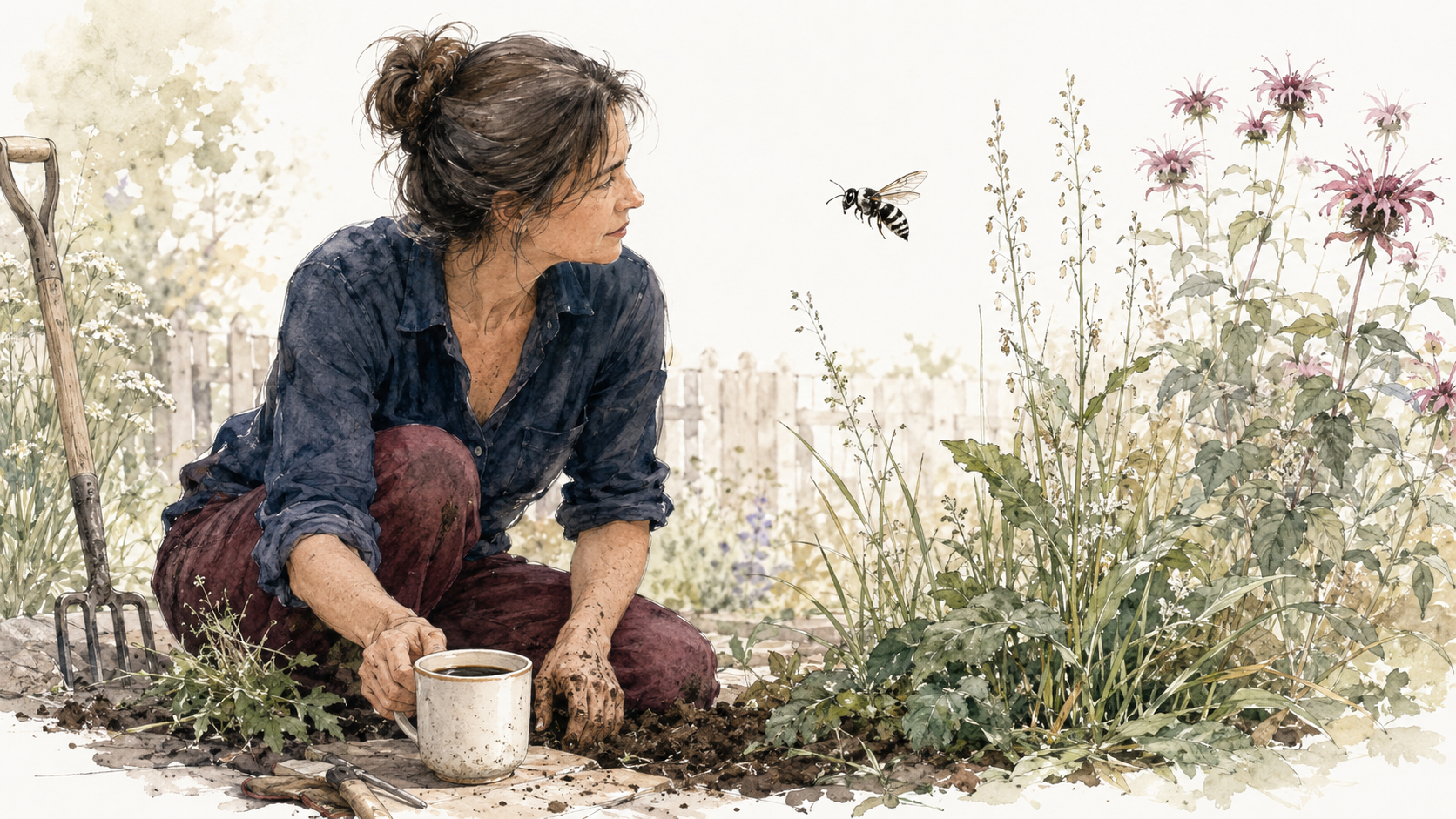 Morning garden field note: a woman pauses while weeding as a bald-faced hornet hovers nearby, with coffee, disturbed soil, and bee balm in view.
