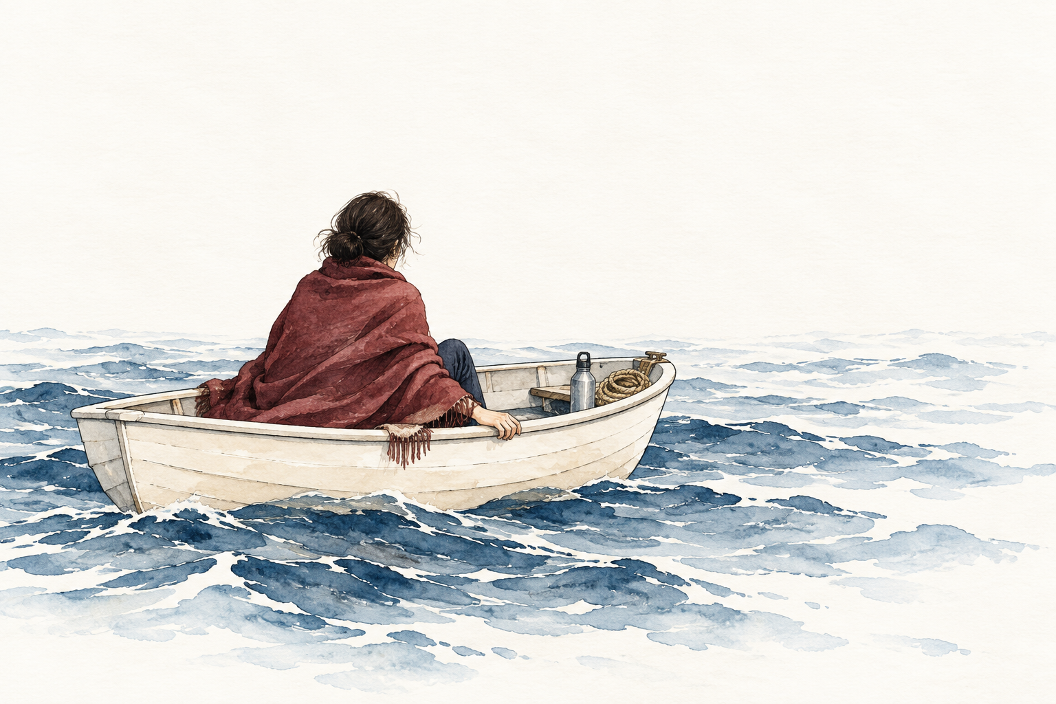 A woman wrapped in a maroon blanket rests inside a cream dinghy on blue water.