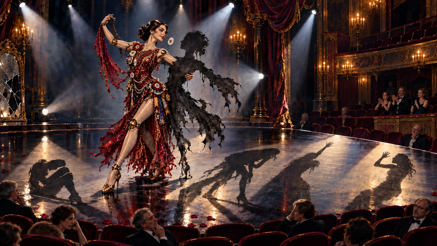 A mechanical diva dances with a tattered silhouette under spotlights. Mangled shadows stretch across the stage before a mostly bewildered audience and a small applauding group.