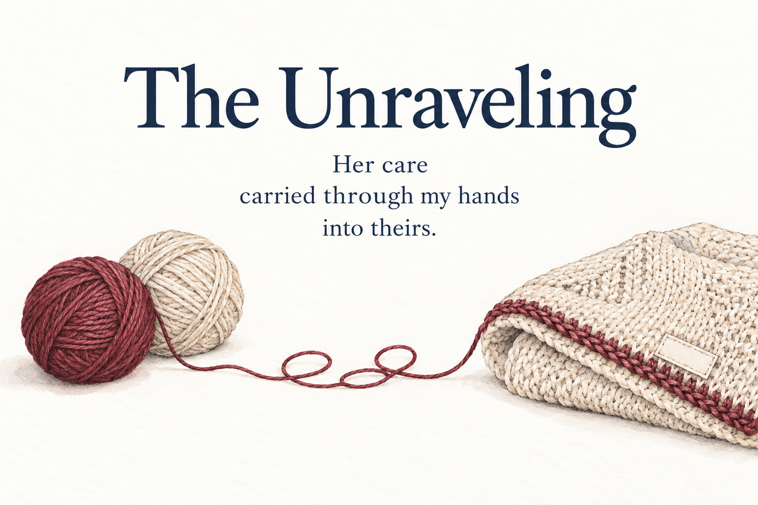 The Unraveling. Her care carried through my hands into theirs. Watercolor of burgundy and cream yarn beside a knitted heirloom.