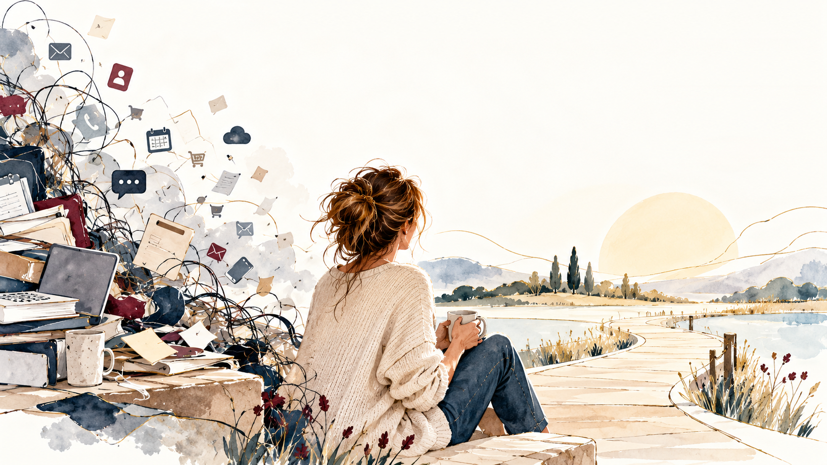 Watercolor illustration of a woman looking toward an open, peaceful landscape while a tangle of paperwork, devices and message icons gathers behind her.